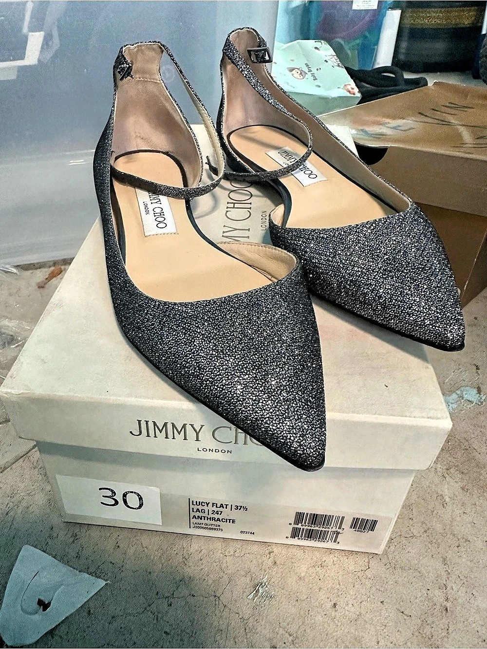 Jimmy Choo Lucy Flat Glitter Pointed-Toe Flats Black & Silver EU 37 1⁄2